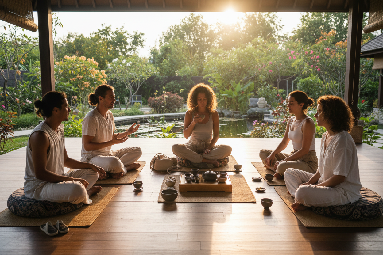 拍照般真实感的画面，画面色彩饱满且真实细腻，整体合乎逻辑，茶叶瑜伽交流分享会，外国人，在国外，大景，主要展现大景，人可以在中间，甚至可以席地而坐，分享交流。5或6个人就行，人物动作自然一些，合理化，不整齐“有逻辑，真实，不写字，手机拍照感，自然真实”