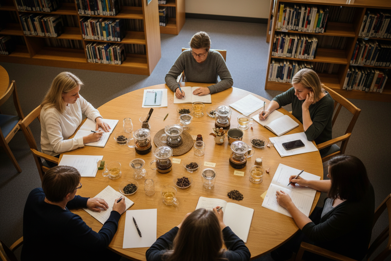 澳洲，茶叶课程，图书馆社区活动类的业余爱哈课程，人不露脸，圆桌，玻璃器皿，6个人左右，桌面上还有记笔记的本子和笔